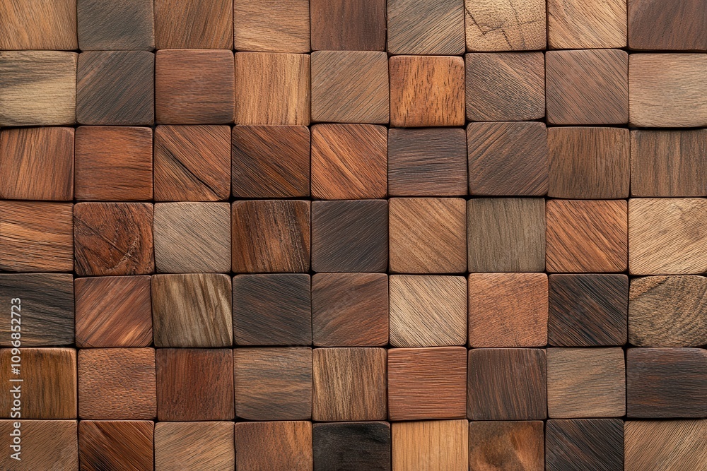Aufkleber a textured surface made of various wooden blocks arranged in a grid pattern, showcasing different sh