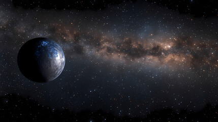 A lone planet with a blue glow in a starry night sky, with a distant nebula in the background. Infinite Starry Patterns. Illustration