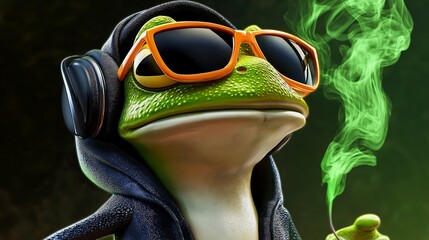a frog wearing a hoodie and toque and headphones and sunglasses, green smoke from mouth, vibes, cartoony