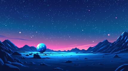 Obraz premium A lone planet with a blue glow in a starry night sky, with a distant nebula in the background. Infinite Starry Patterns. Illustration