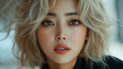 Naklejka premium fashion magazine, korean asian model with shaggy blondie color and highlight of pastel - round hair, her hairs cover her face very smoothly , business attire , heavenly bob haircut