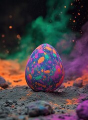 Colorful Abstract Egg Against a Vibrant Background of Smoke and Dust, Ideal for Celebrating Easter, Spring Festivals, or Art-Themed Projects