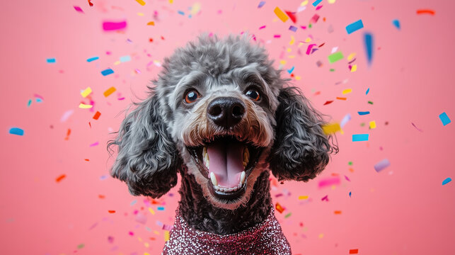 Jubilant poodle celebrating with colorful confetti in party outfit