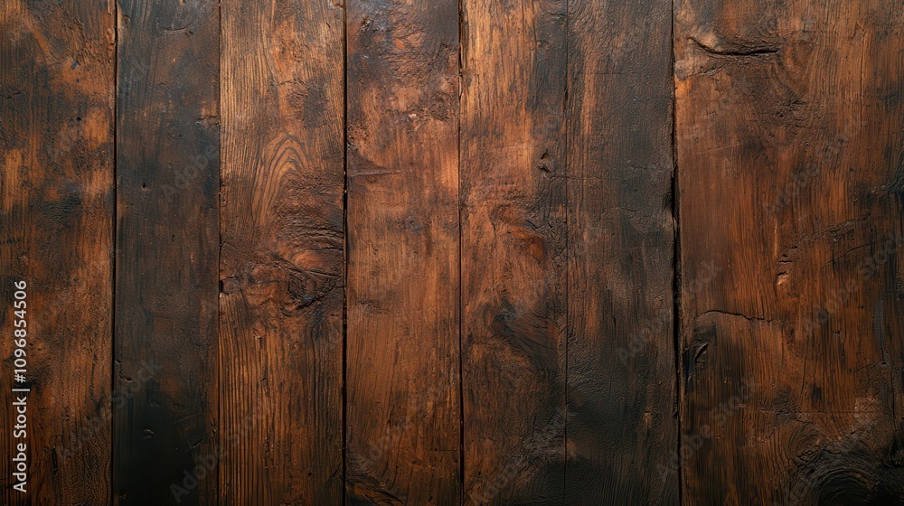 Poster a rustic wooden surface featuring dark, weathered planks with a rich texture and natural grain, idea