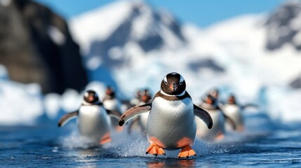 A group of penguins charge over a glistening icy surface with frenetic energy, their reflections mirrored in the water, embodying playful vitality and teamwork.