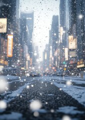 Snowfall on a bustling city street with illuminated billboards and a hazy winter atmosphere