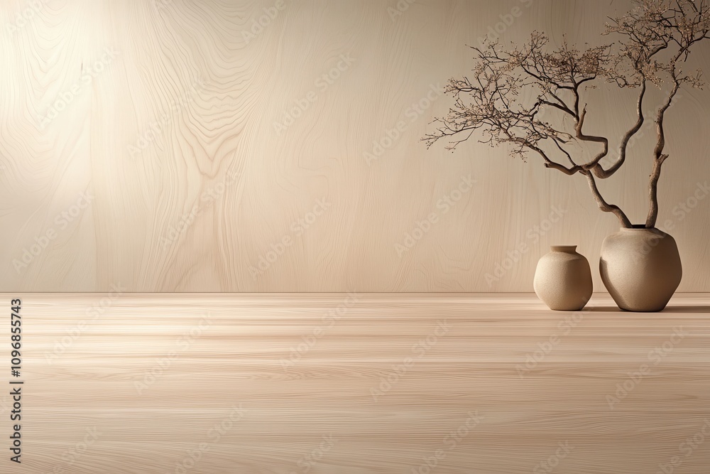 Aufkleber A serene interior scene featuring a minimalistic design with two vases and a delicate branch, emphasizing tranquility and simplicity.