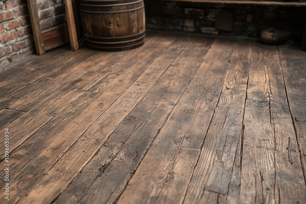 Poster a rustic wooden floor with warm tones, featuring a barrel and brick wall in the background, creating