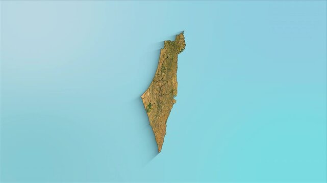 Israel animated map showing regions forming the country with a physical map background and a chroma key alpha channel.