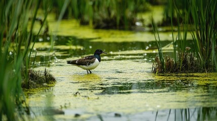 A bird wades through a lush wetland, surrounded by vibrant greenery and calm water, showcasing the beauty of nature.