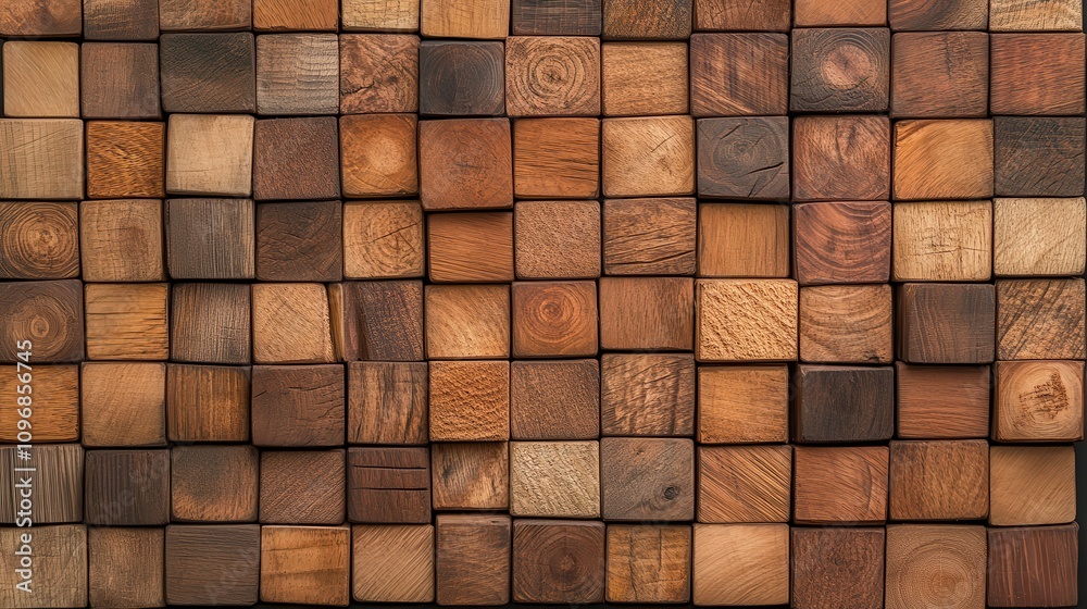 Poster A textured pattern of wooden blocks arranged in a grid, showcasing various shades and grains, creating a warm and natural aesthetic.