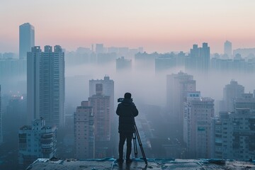 Person with a camera on a city rooftop at dawn, preparing for a live Q&A session on urban air quality amid thick fog and PM 2.5 pollution, with tall buildings in the background.