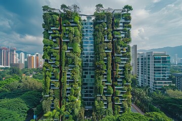 Obraz premium Vertical garden skyscraper blending nature with modern architecture, covered in greenery as part of urban solution for clean air, standing against pollution amidst surrounding buildings.