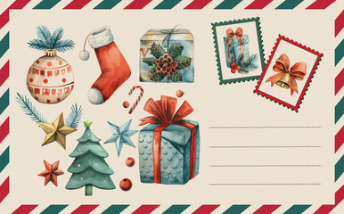 Christmas postcard, letter, mail, watercolor.	
