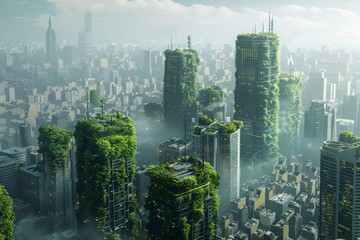 Dense urban skyline with skyscrapers covered in green plants and sustainable rooftop gardens amid haze, High-tech green buildings represent futuristic approach tackling air quality issues in densely.