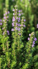 close-up shot of thyme flowers with green environment