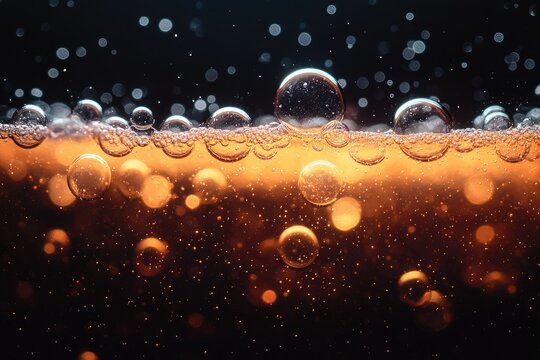 Macro view of effervescent bubbles from an acid-base reaction, illuminated by soft gradient lighting and dark edges for contrast