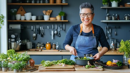 middle aged woman smiling in the kitchen. She is preparing some nice food, she is cooking with a lot of healthy vegetables