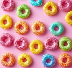 Colorful Glazed Doughnuts on a Pink Background Showcasing a Vibrant Array of Sugar-Coated Treats Perfect for Sweet Tooth Cravings and Dessert Inspiration
