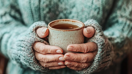 A cozy scene featuring hands in knitted gloves holding a warm cup, evoking feelings of comfort and relaxation.
