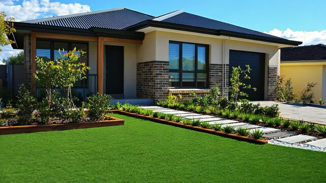 Modern suburban home features a manicured lawn and stone pathway on a sunny afternoon