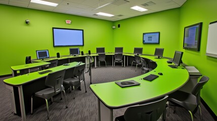 Modern green computer lab with curved desks and multiple monitors.