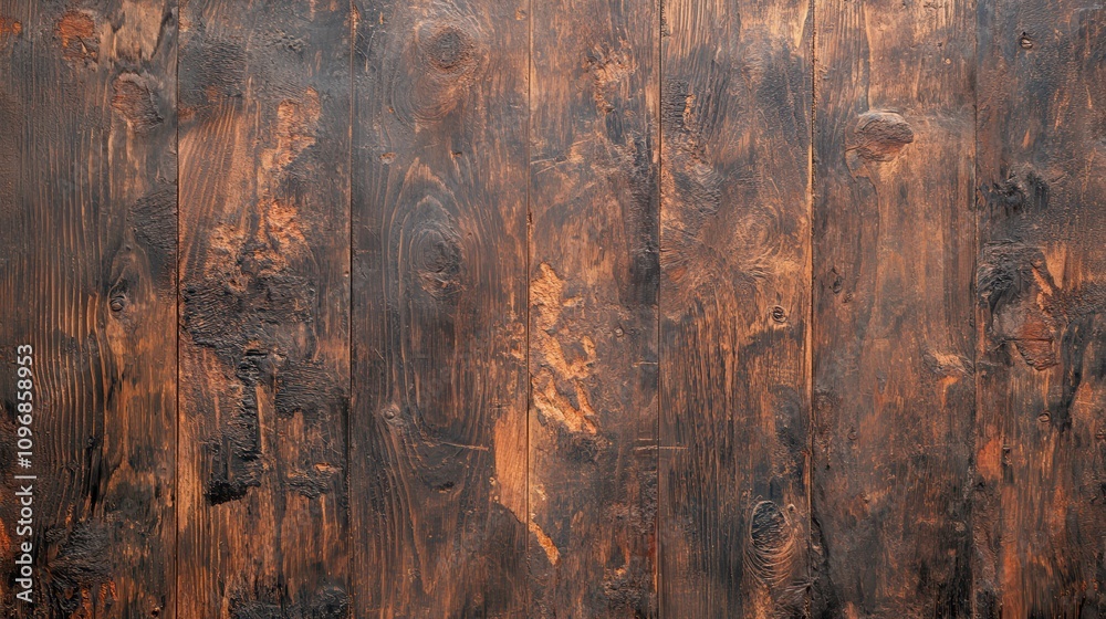 Poster a textured wood surface with dark stains, showcasing natural grain patterns and variations in color.