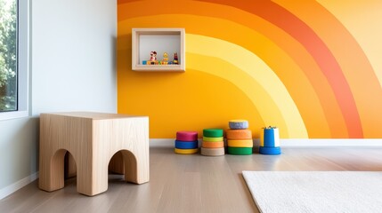 A delightful playroom that features warm, orange-yellow walls, a simple wooden chair, and a shelf with toys providing an engaging and inviting environment for kids.