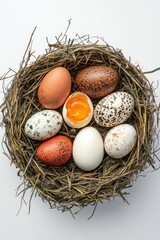 Obraz premium Colorful Variety of Eggs in a Nest Showcasing Natural Beauty and Texture, Perfect for Spring Themes and Easter Celebrations, Symbolizing New Life and Fresh Beginnings