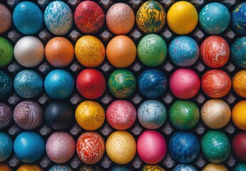 Fototapeta premium Colorful, Hand-Decorated Easter Eggs Pattern on Egg Carton Background for Spring Celebrations and Holiday Festivities, Vibrant Decorative Artwork Collection