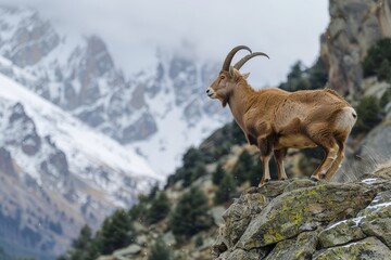 Pyrenean ibex standing on rugged cliff edge, overlooking distant peaks in misty mountain landscape, emphasizing the beauty and solitude of this extinct species in its natural environment.