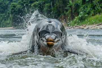 Close-up dolphin charging through river water with powerful splash, capturing its strength and presence. Lush green background contrast between nature and this rare, extinct species.