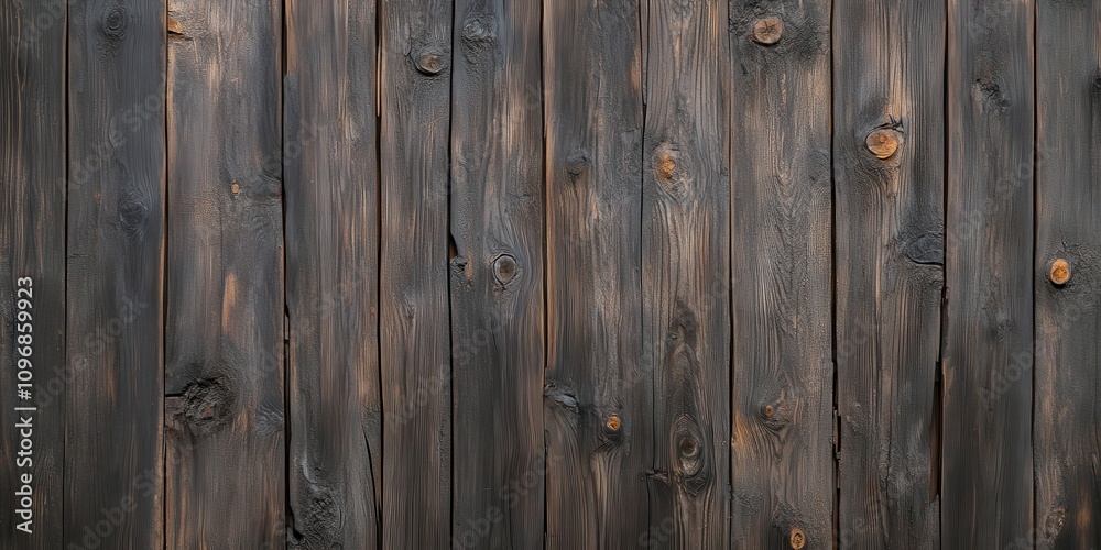 Poster a rustic wooden wall featuring dark, weathered planks with visible knots and textures, creating an e
