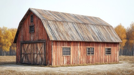 Rustic Autumn Barn: A picturesque old barn stands in a serene autumnal landscape, its weathered wood and gambrel roof telling tales of time.