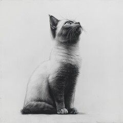 Elegant Siamese Kitten Gazing Upwards in Monochrome Art