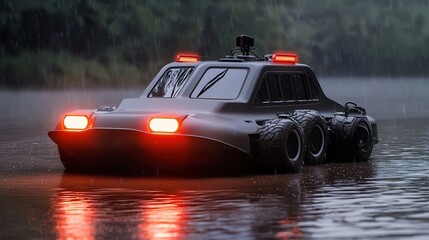 A unique vehicle navigates through a flooded area, featuring bright lights and a sleek design, showcasing adaptability in adverse conditions.