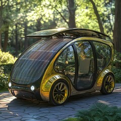 Fototapeta premium A futuristic, eco-friendly vehicle featuring a sleek design, solar panels, and a transparent body, situated in a lush, wooded environment.