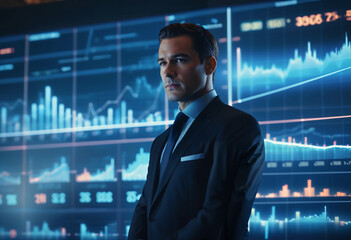 Fototapeta premium A confident businessman visualizes success, targeting growth amidst a backdrop of illuminating financial data charts, signifying strategic leadership and ambitious market investment.