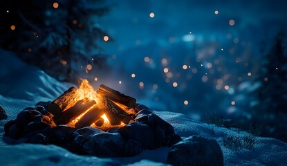 Obraz premium Close-up of a campfire with wooden firewood in the snow at night, with a cold blue light, photorealistic, cinematic.
