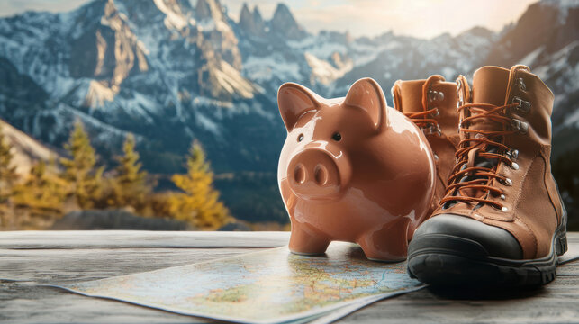 Adventure Savings Concept with Piggy Bank, Hiking Gear, and Mountain Background - Powered by Adobe