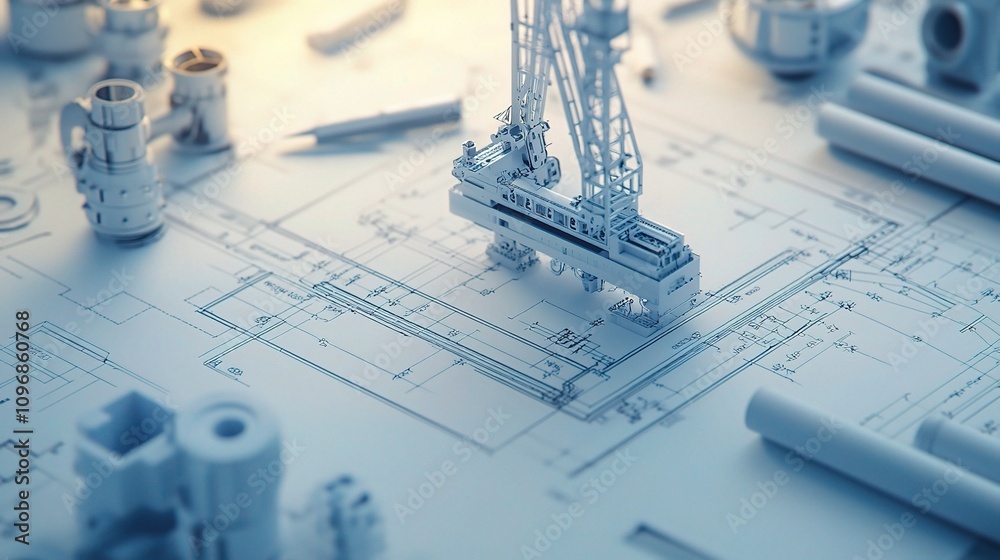 Poster engineering concepts with blueprint background and crane model