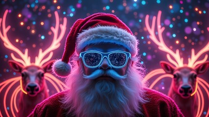 Fototapeta premium Christmas Miracle Journey. A festive Santa with glowing sunglasses stands between two illuminated reindeer, surrounded by colorful lights, creating a vibrant holiday atmosphere.