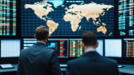 Business professionals analyzing global data on screens in a modern office, showcasing technology and teamwork.