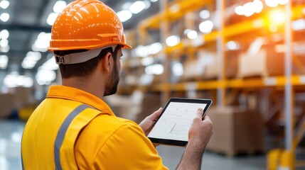 A worker wearing an orange uniform and helmet uses a tablet to manage inventory in a large warehouse, illuminated by bright industrial lighting.