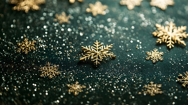 A luxurious Christmas card featuring gold foil lettering and a deep green background adorned with subtle snowflake patterns. - Powered by Adobe