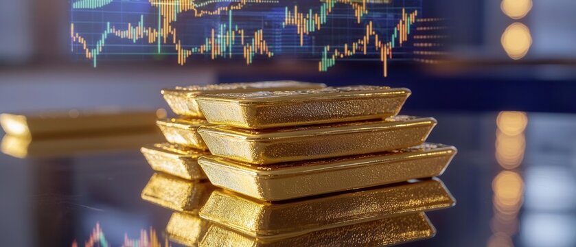 A stack of gold bars with a financial chart overlay, symbolizing wealth, investment, and the gold market trends.