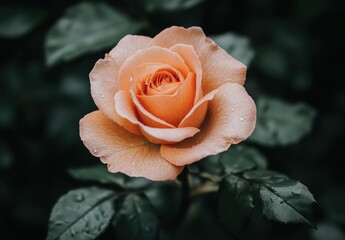 Delicate Peach Rose Blossom Surrounded by Lush Green Leaves, Enhanced by Dew Drops, Captivating Nature's Beauty in Soft Lighting