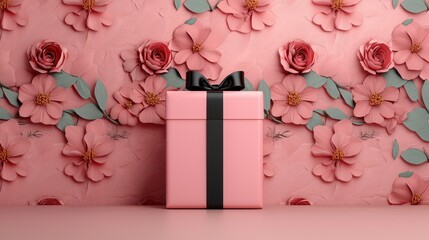 Elegant Pink Gift Box with Black Ribbon Against a Soft Floral Wall Featuring Decorative Roses and Blossoms for Inspiring Celebration and Gifting Moments