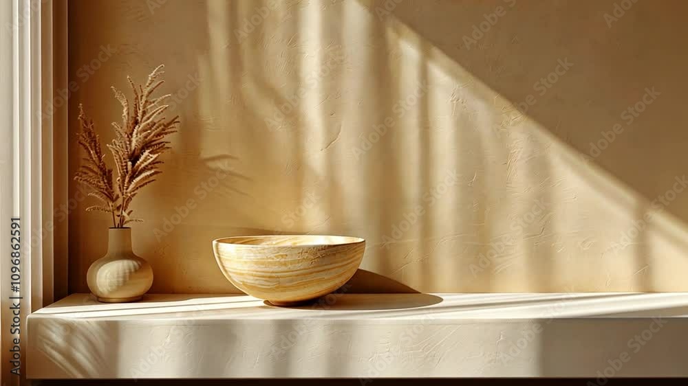Poster natural light casts gentle shadows across a serene interior space featuring a wooden bowl and a vase