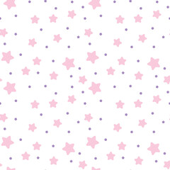 Repeating pattern of pink stars and smaller purple dots on a black background, suitable for graphic design, textiles, or digital media.
